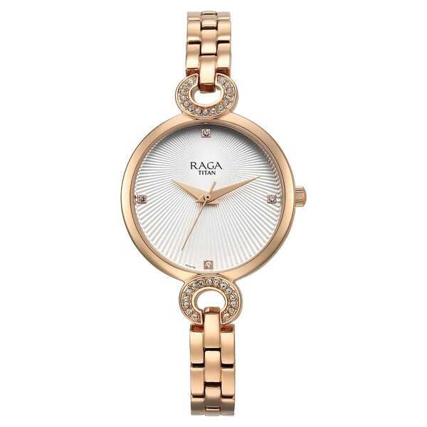 Titan Raga Women's Watch Analog White Dial with Rose Gold Stainless Steel Band, 95278WM01