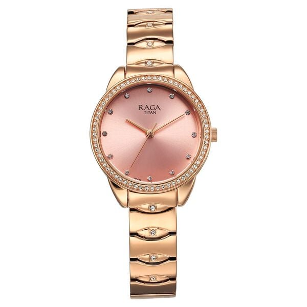 Titan Raga Showstopper Women's Watch Analog Pink Dial with Rose Gold Stainless Steel Band, 95281WM01