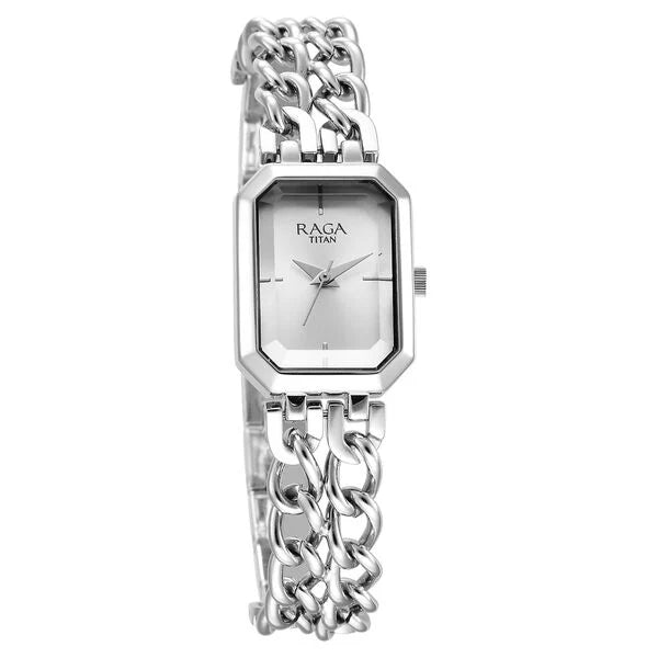 Titan Raga Women's Watch Analog Rectangular Silver Dial with Silver Stainless Steel Band, 95283SM01