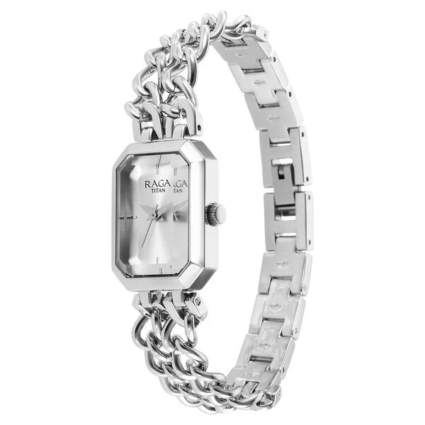 Titan Raga Women's Watch Analog Rectangular Silver Dial with Silver Stainless Steel Band, 95283SM01