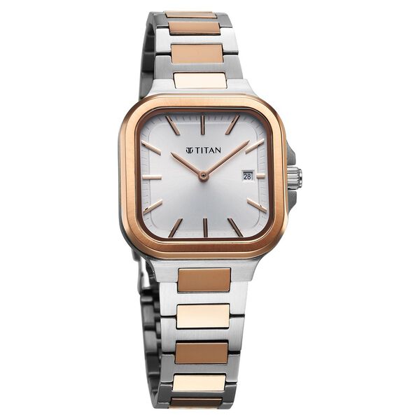 Titan Slim Square Women's Watch Analog Silver Dial with Two-Toned Stainless Steel Band, 95291KM01