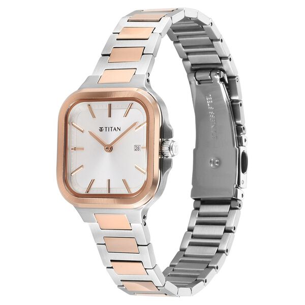 Titan Slim Square Women's Watch Analog Silver Dial with Two-Toned Stainless Steel Band, 95291KM01