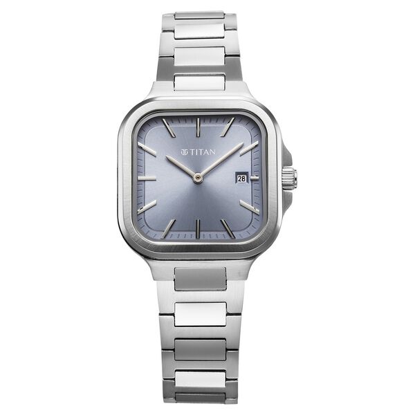 Titan Slim Square Women's Watch Analog Blue Dial with Silver Stainless Steel Band, 95291SM01