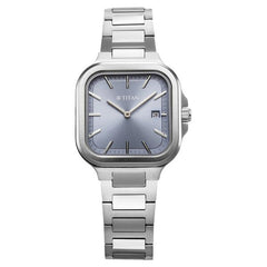 Titan Slim Square Women's Watch Analog Blue Dial with Silver Stainless Steel Band, 95291SM01