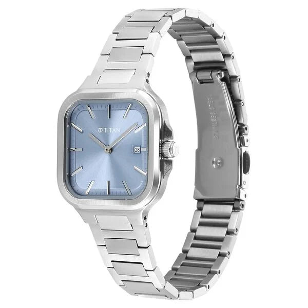 Titan Slim Square Women's Watch Analog Blue Dial with Silver Stainless Steel Band, 95291SM01