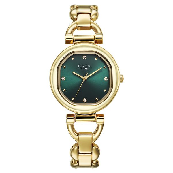 Titan Raga Showstopper Women's Watch Analog Green Dial with Gold Stainless Steel Band, 95301YM01