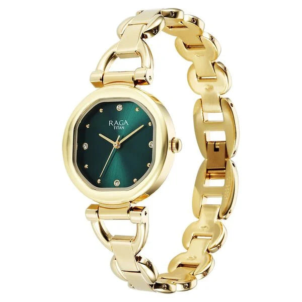 Titan Raga Showstopper Women's Watch Analog Green Dial with Gold Stainless Steel Band, 95301YM01