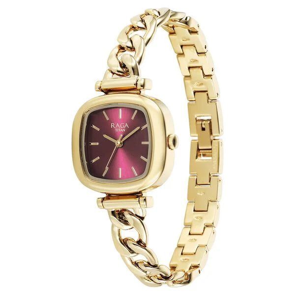 Titan Raga Showstopper Women's Watch Analog Maroon Dial with Gold Stainless Steel Band, 95302YM01