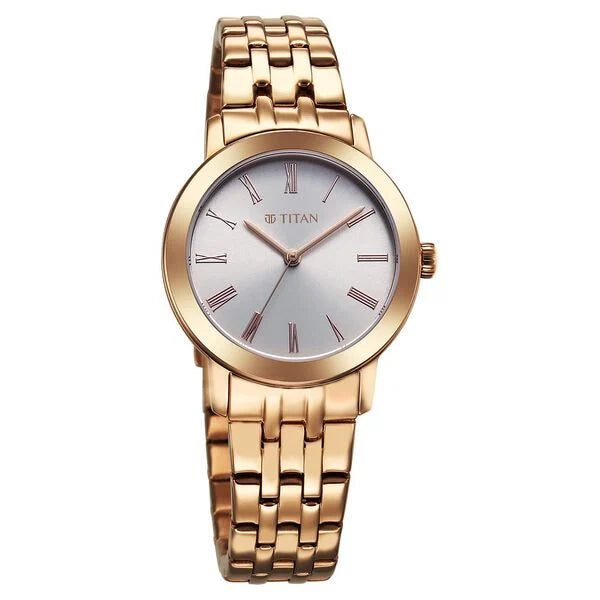 Titan Metro Women's Watch Analog Silver Dial with Rose Gold Stainless Steel Band, 95312WM01