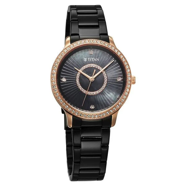 Titan Glamour Quartz Analog Women's Watch With Black Dial and Black Stainless Steel Strap,95314KM01