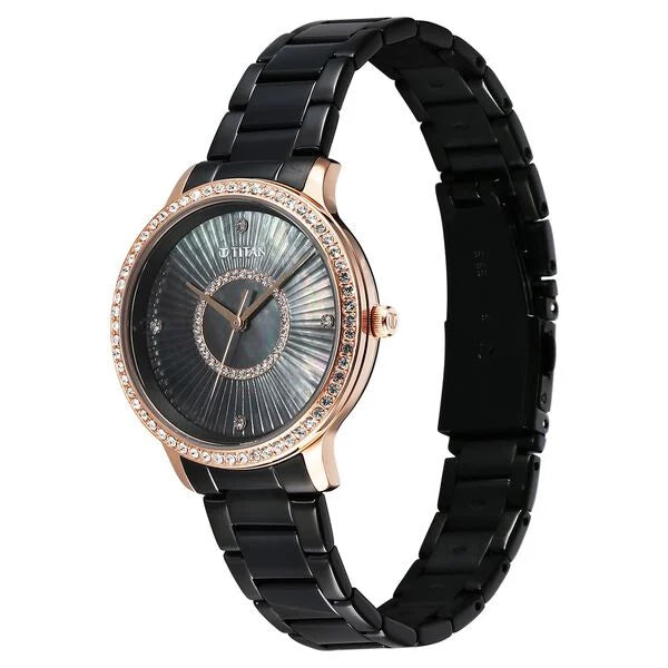 Titan Glamour Quartz Analog Women's Watch With Black Dial and Black Stainless Steel Strap,95314KM01