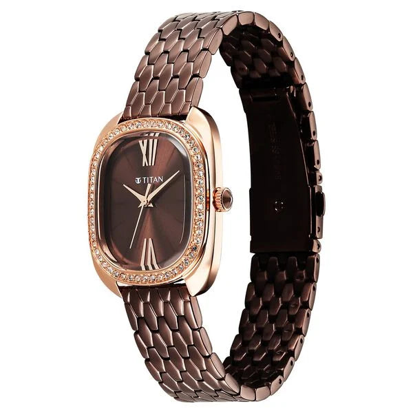 Titan Glamour Quartz Women's Analog Brown Dial Brown Stainless Steel Strap Watch 95317KM01