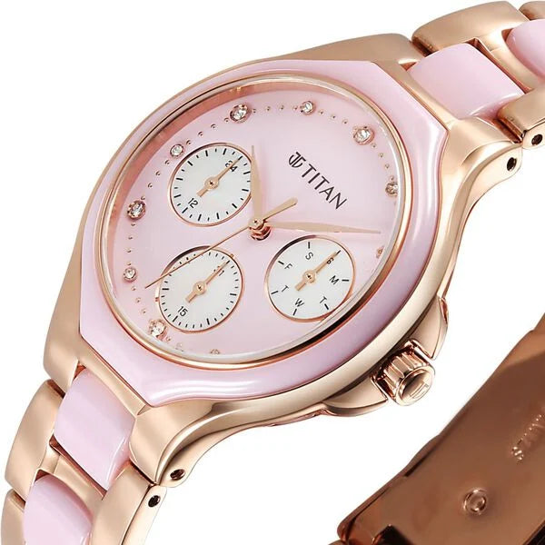 Titan Glamour Quartz Multifunction Women's Watch with Mother Of Pearl Dial and Pink Ceramic Steel Strap, 95325KD01