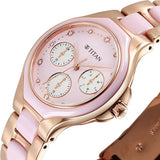 Titan Glamour Quartz Multifunction Women's Watch with Mother Of Pearl Dial and Pink Ceramic Steel Strap, 95325KD01