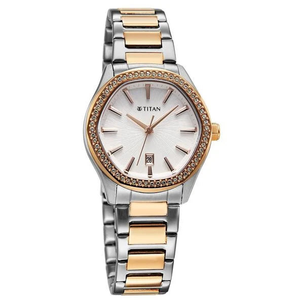 Titan Glamour Women's Quartz Analog Watch Silver Dial With Two Toned Stainless Steel Strap, 95326KM01