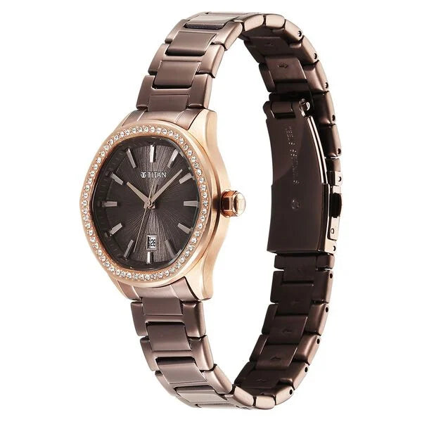 Titan Glamour Women's Quartz Analog  Watch Brown Dial With Two Toned Stainless Steel Strap, 95326KM02