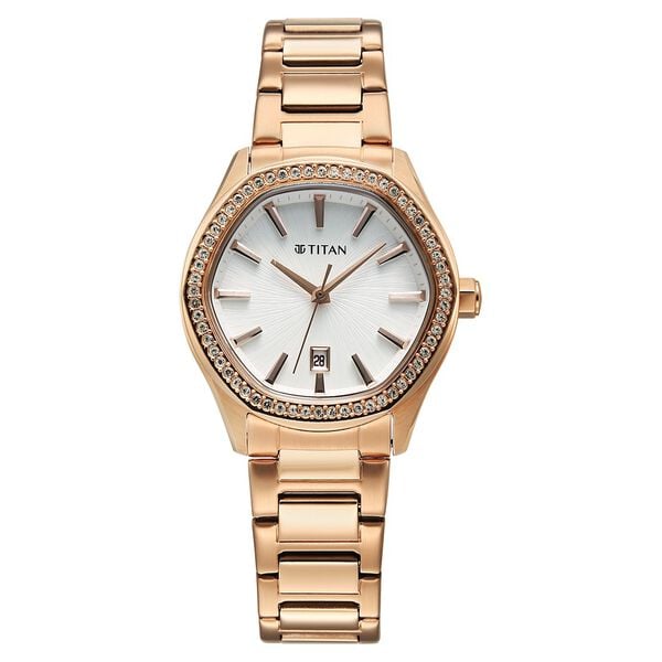 Titan Glamour Women's Quartz Analog Watch White  Dial With Rose Gold Stainless Steel Strap, 95326WM01
