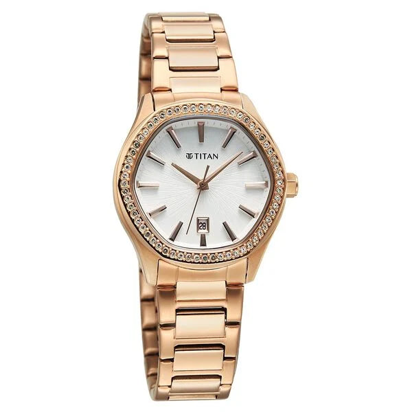 Titan Glamour Women's Quartz Analog Watch White  Dial With Rose Gold Stainless Steel Strap, 95326WM01