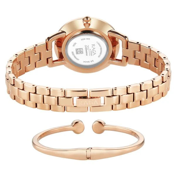 Titan Raga Glimmers Quartz Analog Women's Watch with Red Mother of Pearl Dial and Rose Gold Metal Strap, 95327WM01