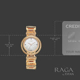 Titan Raga Glimmers Quartz Analog Women's Watch with Mother of Pearl Dial and Rose Gold Metal Strap, 95329WM01