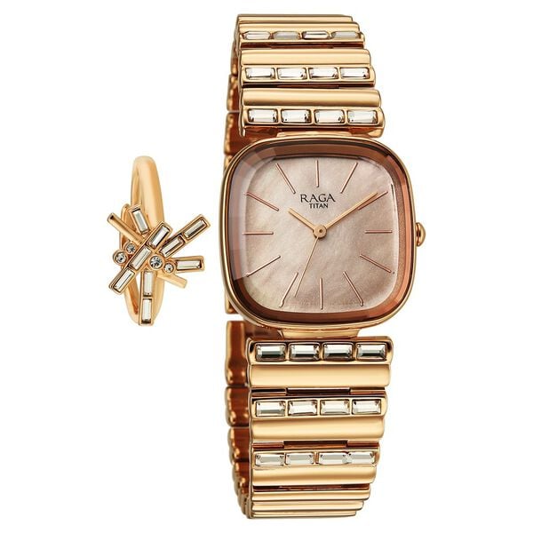 Titan Raga Glimmers Quartz Analog Women's watch with Rose Gold Dial and Rose Gold Metal Strap, 95339WM01