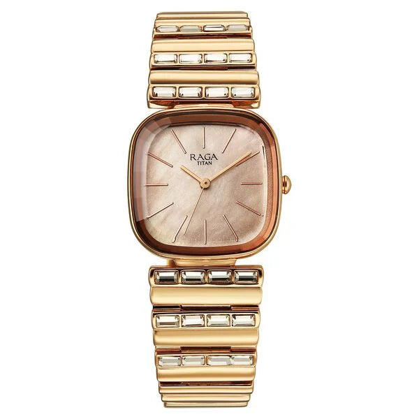 Titan Raga Glimmers Quartz Analog Women's watch with Rose Gold Dial and Rose Gold Metal Strap, 95339WM01