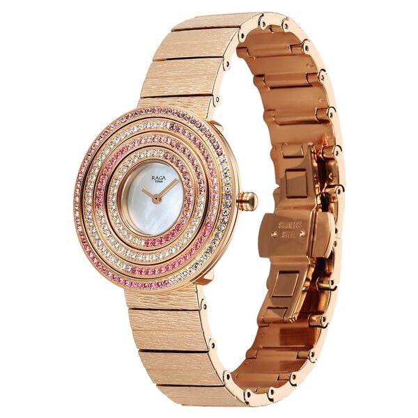 Titan Raga Glimmers Quartz Analog Women's Watch with Mother of Pearl Dial and Rose Gold Metal Strap, 95344WM01