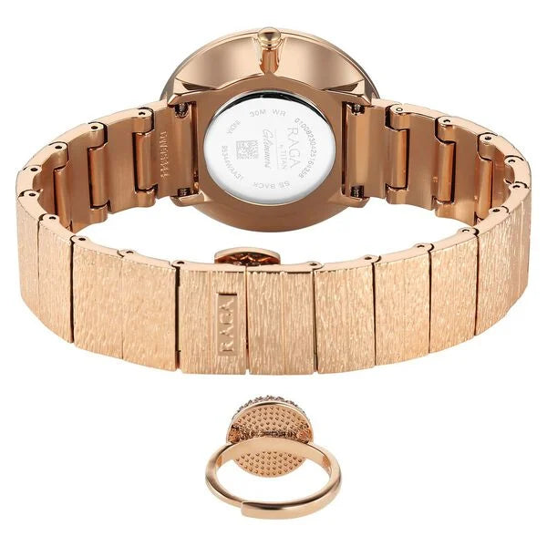 Titan Raga Glimmers Quartz Analog Women's Watch with Mother of Pearl Dial and Rose Gold Metal Strap, 95344WM01