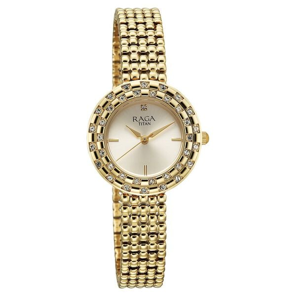 Titan Raga Women's Analog Watch Champagne Dial With Golden Stainless Steel Strap , 95350YM01