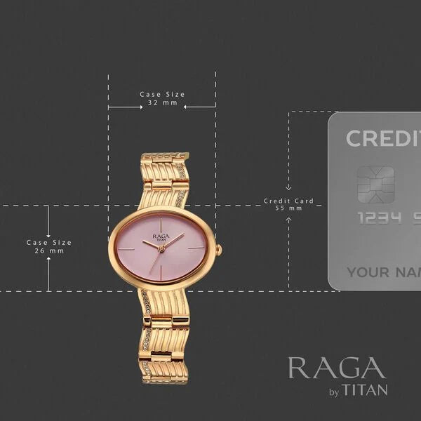 Titan Raga Glimmers Quartz Analog Women's Watch with Pink Dial and Rose Gold Metal Strap, 95362WM01