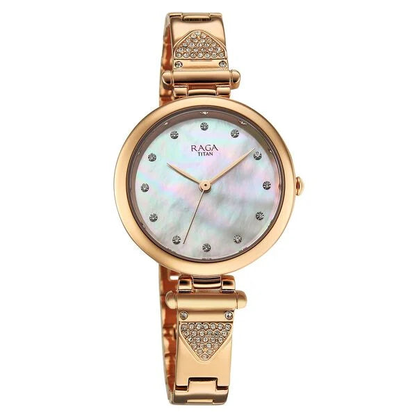 Titan Raga Glimmers Quartz Analog Women's watch with Mother of Pearl Dial and Rose Gold Metal Strap, 95363WM01