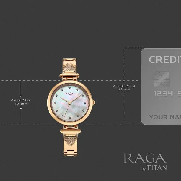 Titan Raga Glimmers Quartz Analog Women's watch with Mother of Pearl Dial and Rose Gold Metal Strap, 95363WM01