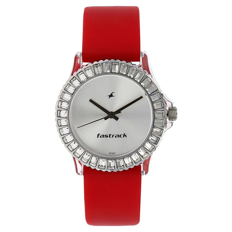 Fastrack, Women’s  Watch Analog, Silver Dial Red Rubber Strap , 9827PP08
