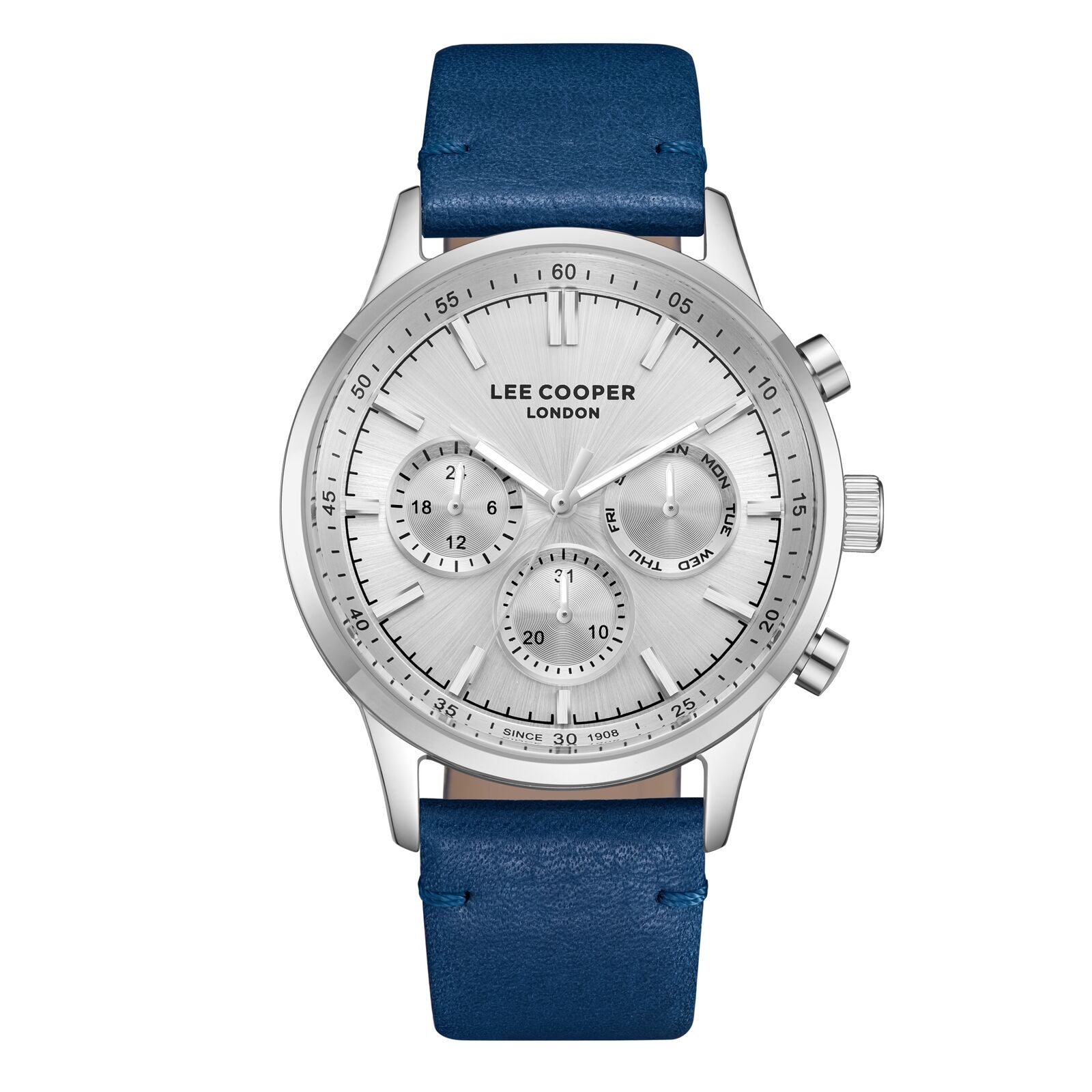 Lee Cooper Men's Watch Analog Silver Dial with Blue Leather Strap, LC08001.339