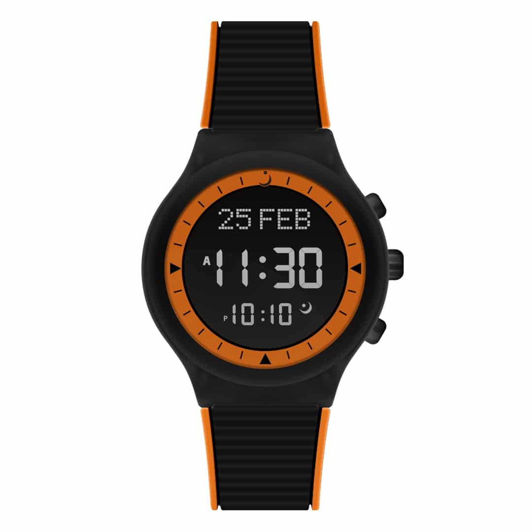 Alfajr Islamic Prayer Unisex Watch Digital With Black Rubber Strap, WY-16BLACKORANGE