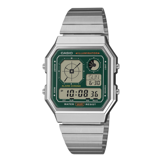 Casio Unisex Watch Analog Digital Green Dial with Silver Stainless Steel Strap, A130WE-3ADF