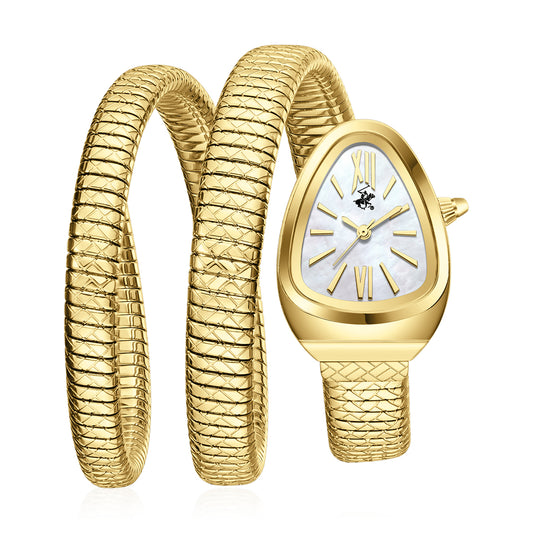 Beverly Hills Polo Club Women's Analog Watch with White Mother of Pearl Dial and Gold Stainless Steel Band, BP3888C.120