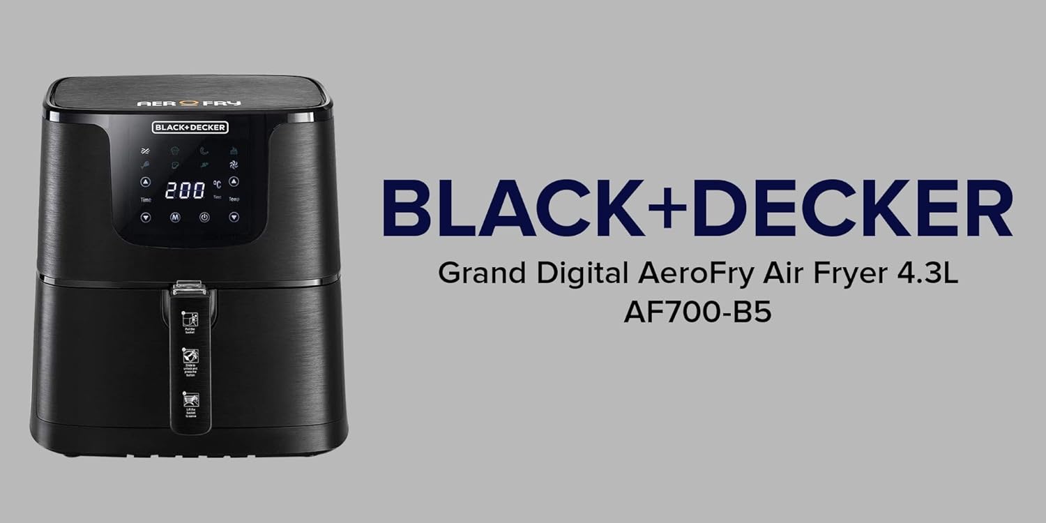 Black+Decker, 4.3 Litres Air Fryer, Rapid Air Convection, 80–200°C Adjustable Temperature AF700-B5