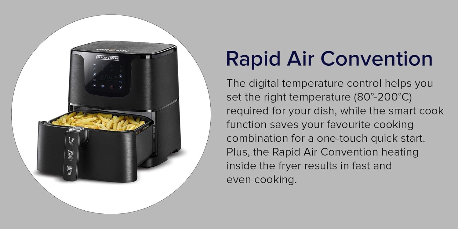 Black+Decker, 4.3 Litres Air Fryer, Rapid Air Convection, 80–200°C Adjustable Temperature AF700-B5