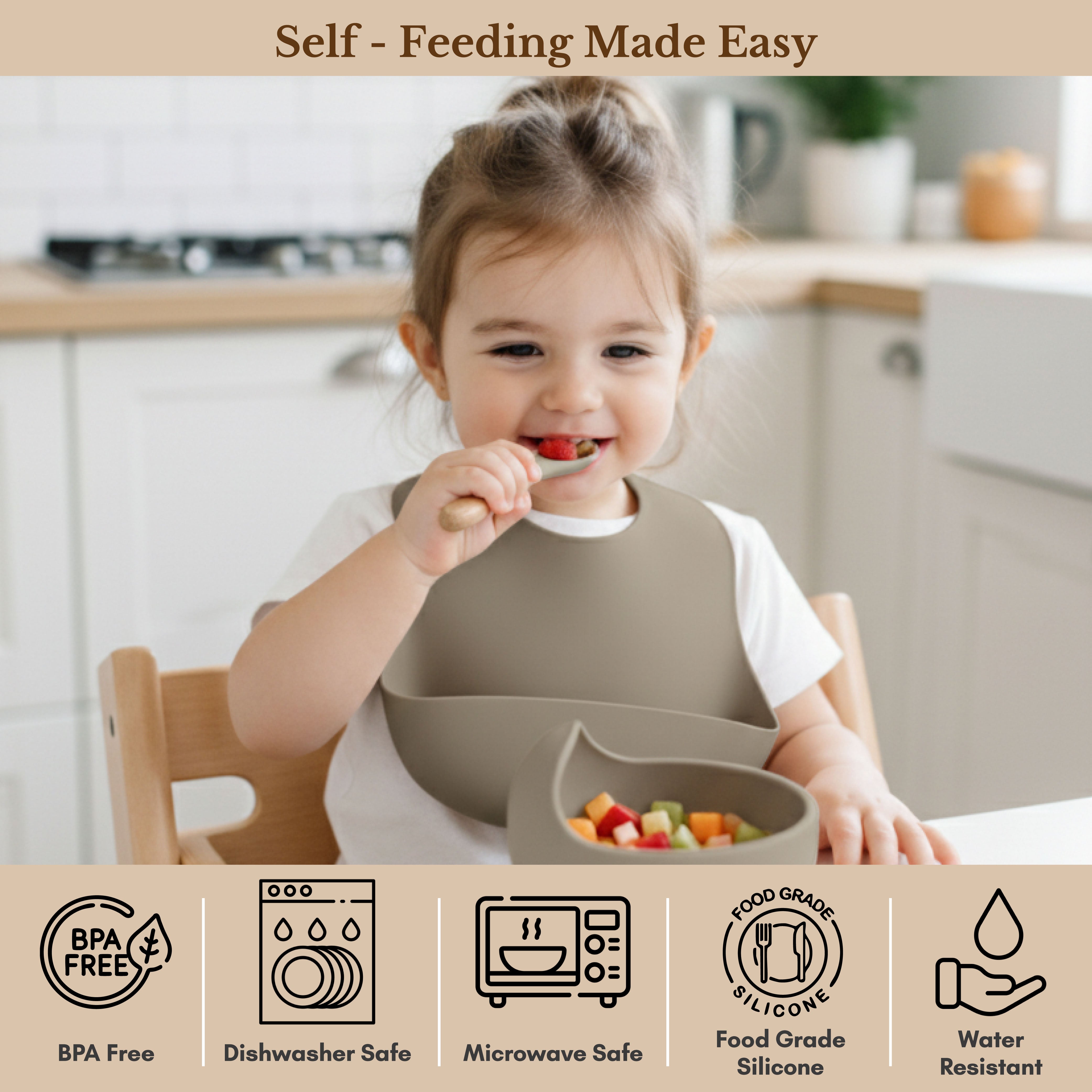 Milk It Baby Army Green Bib & Bowl Set, 100% Food Grade Silicone Set, MI-BBAG001