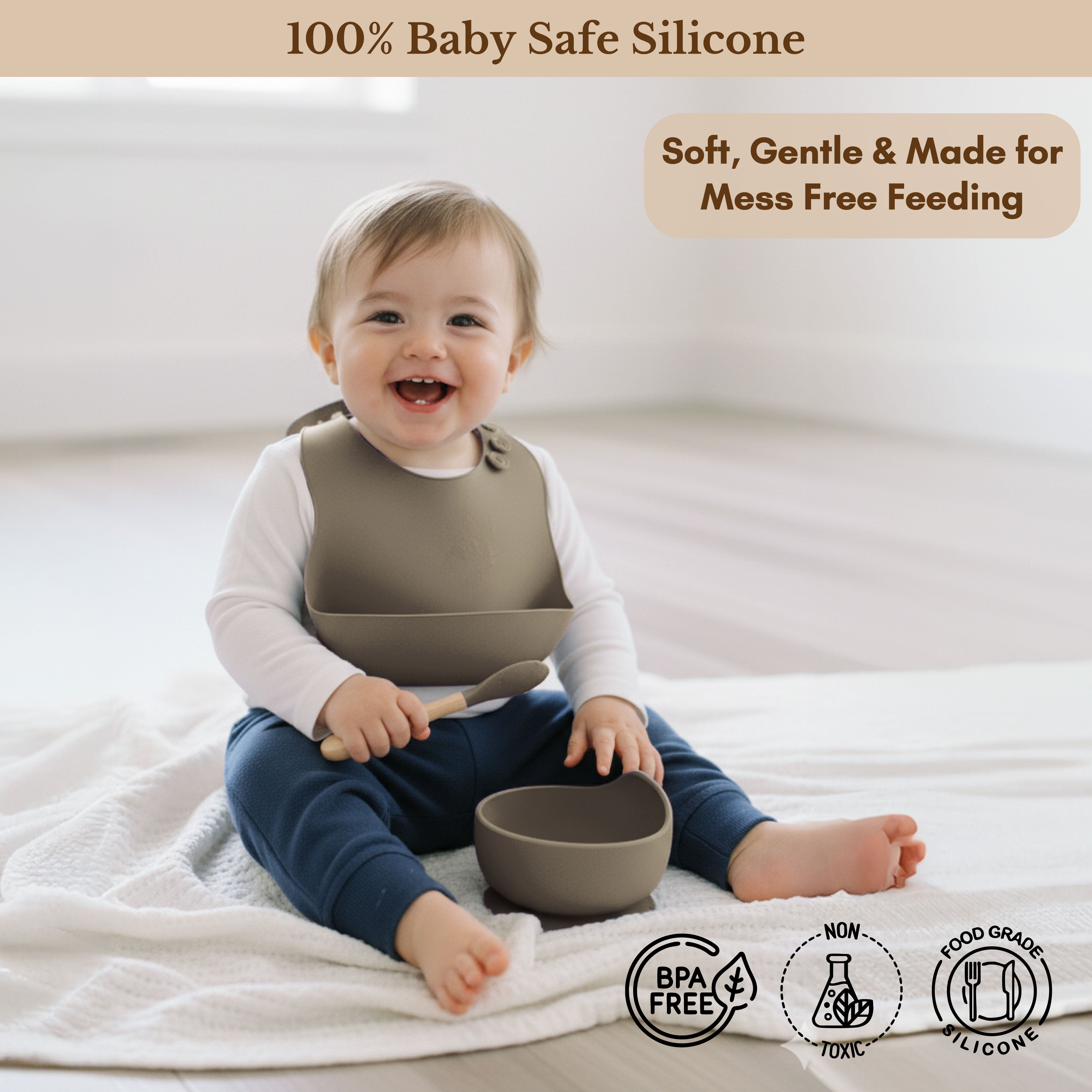 Milk It Baby Army Green Bib & Bowl Set, 100% Food Grade Silicone Set, MI-BBAG001
