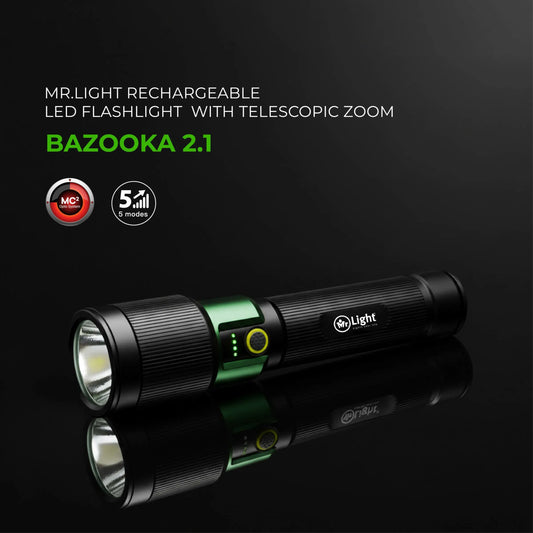 Mr.Light Rechargeable Flashlight 2.1-1500 Lumens with Telescopic Zoom Function, BAZOOKA21 Mr.Light Emergency Light & Flashlight Combo BAZOOKA21