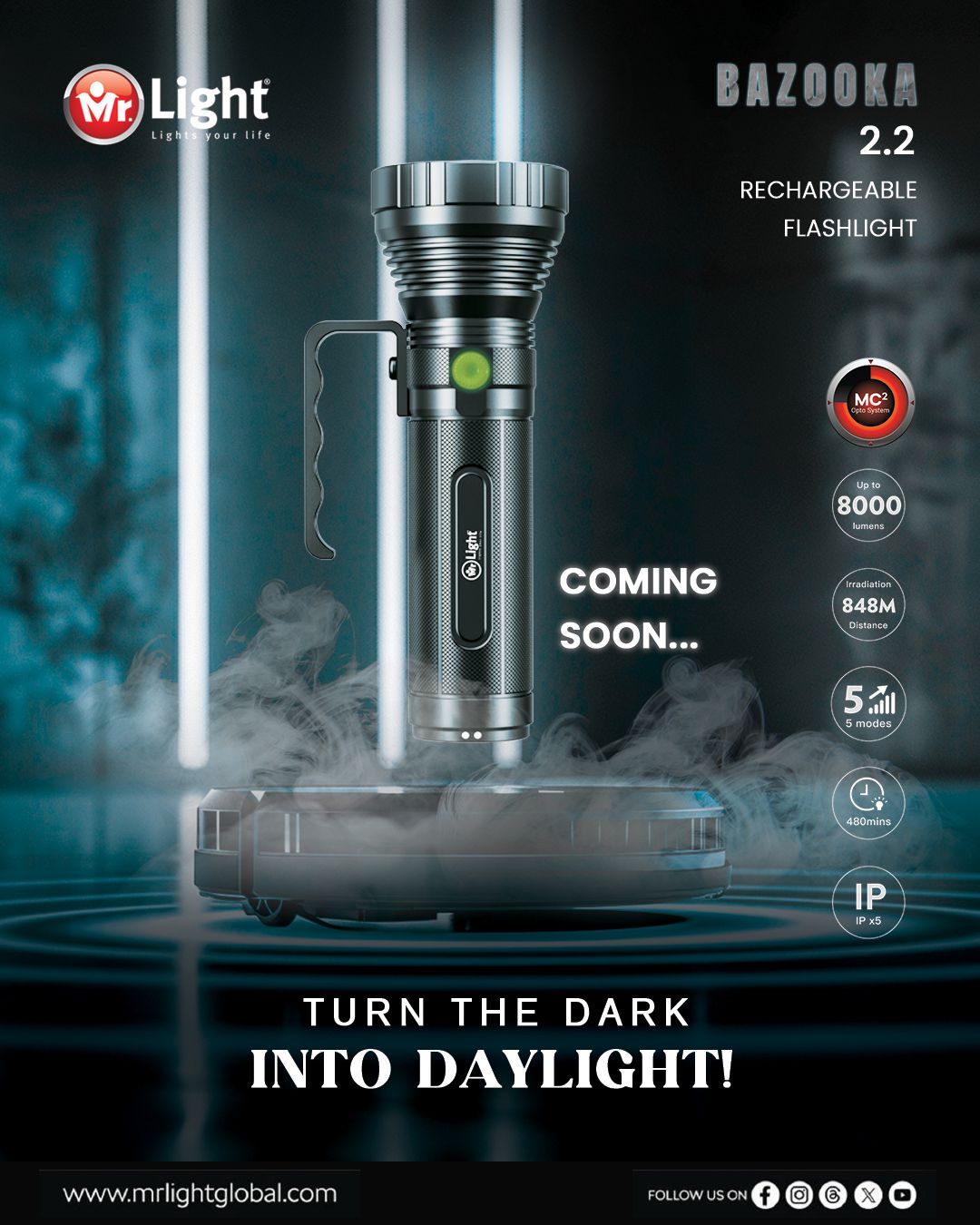 Mr. Light  Rechargeable Flashlight 2.2-8000 Lumens with Telescopic Zoom Function, BAZOOKA22