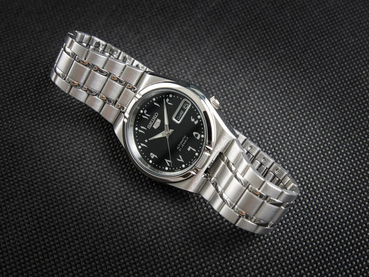 Seiko 21 Jewels Arabic Dial Men's Watch Analog Black Dial with Silver Stainless Steel Band, SNK063J5