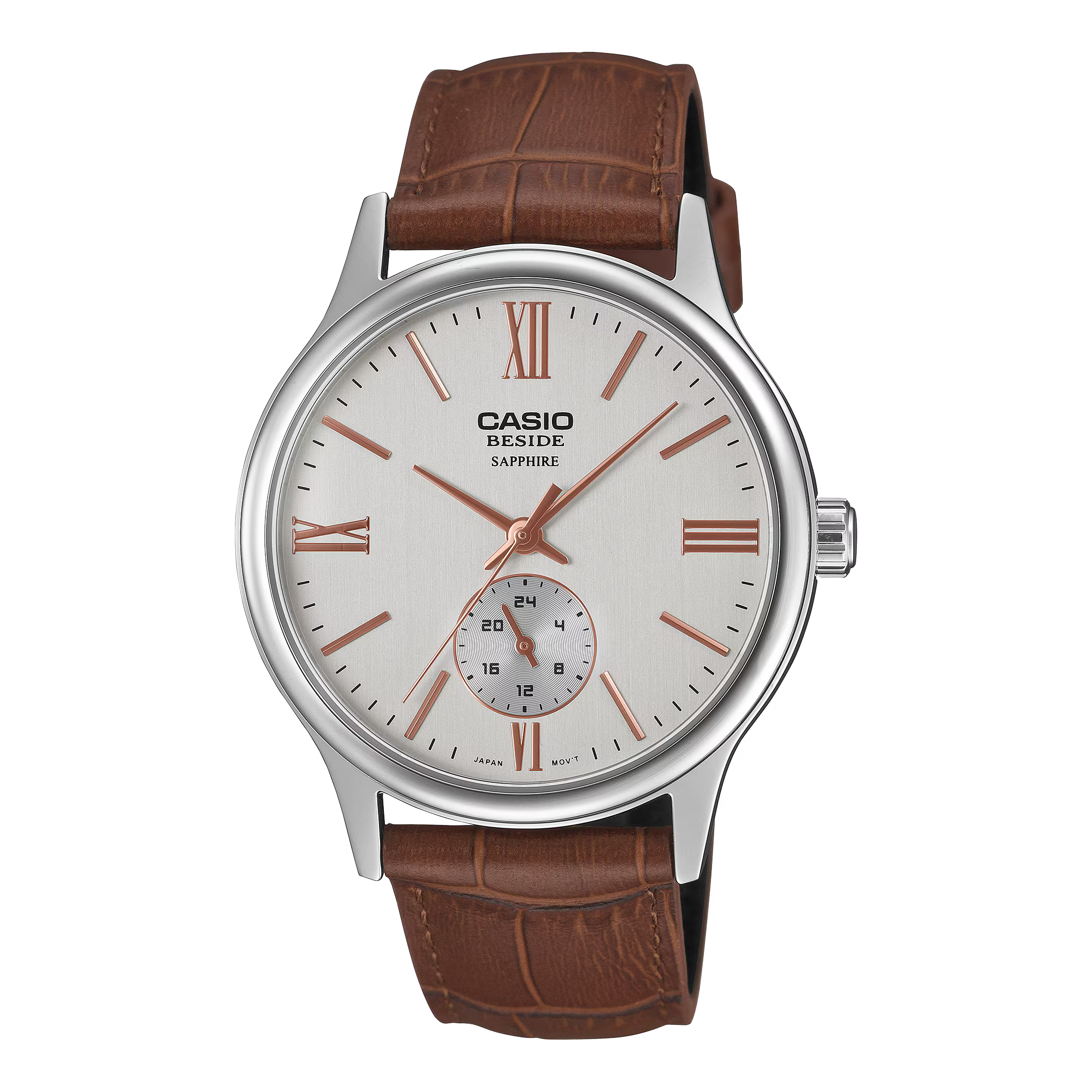Casio Beside Collection Men's Watch Multifunction Analog White Dial and Sapphire Crystal Glass with Brown Leather Strap, BMS-100L-5AVDF product image