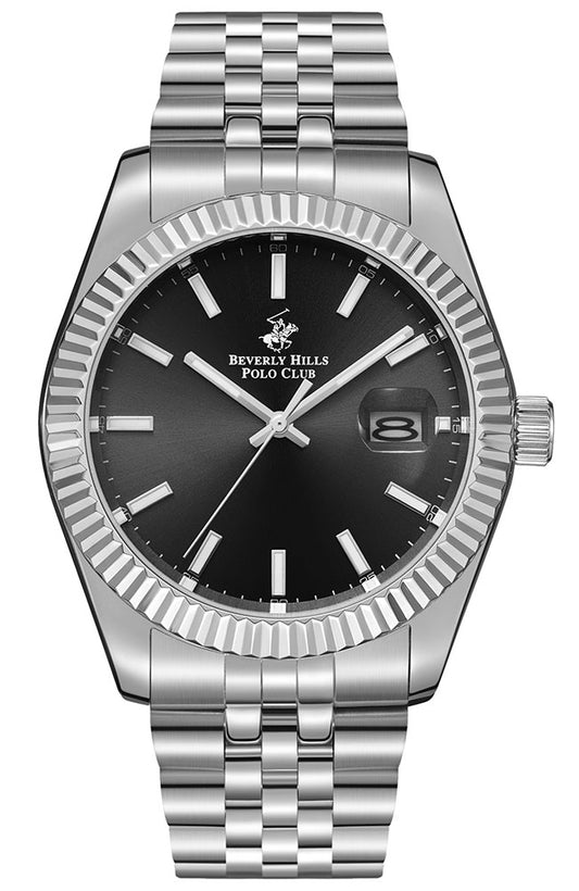 Beverly Hills Polo Club Men's Date Analog Watch with Black Dial and Silver Stainless Steel Band, BP3018X.350