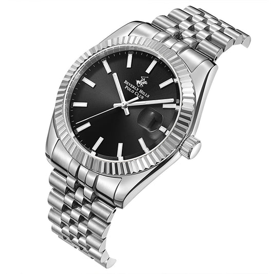 Beverly Hills Polo Club Men's Date Analog Watch with Black Dial and Silver Stainless Steel Band, BP3018X.350
