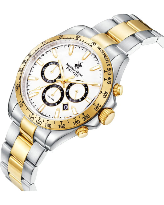 Beverly Hills Polo Club Men's Multifunction Watch with White Dial and Silver and Gold Stainless Steel Band, BP3127X.230