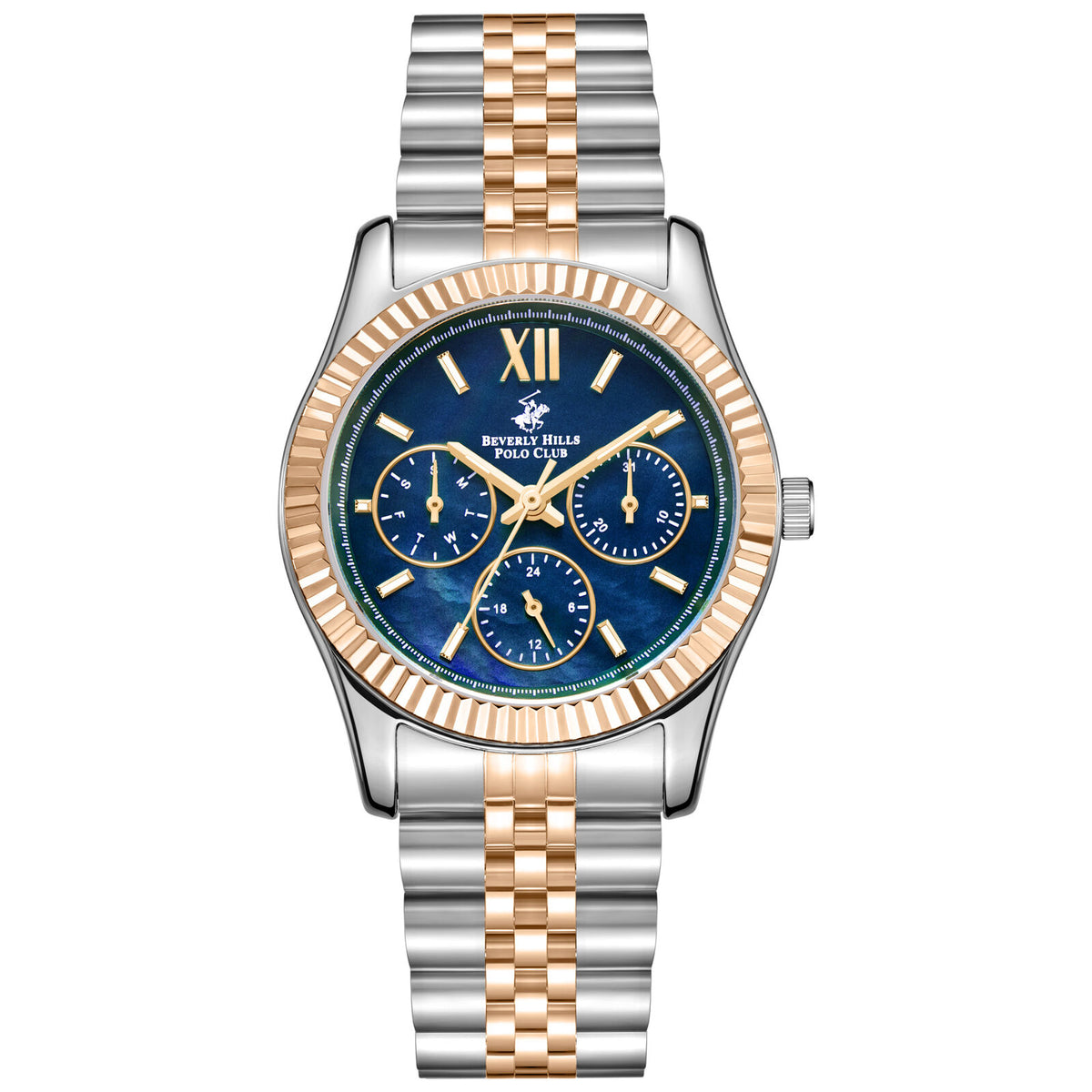 Beverly Hills Polo Club Women's Analog Watch, Blue Dial Multi-Function With Two Tone Stainless Steel Band, BP3169C.590