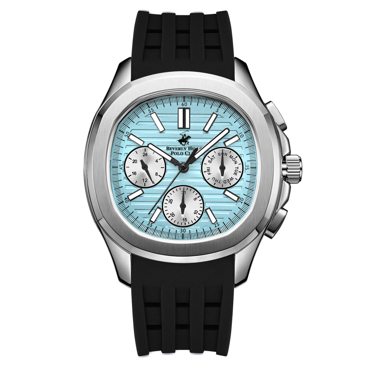 Beverly Hills Polo Club Men's Analog Watch, Blue Dial Multi-Function With Black Silicon Strap, BP3211X.300